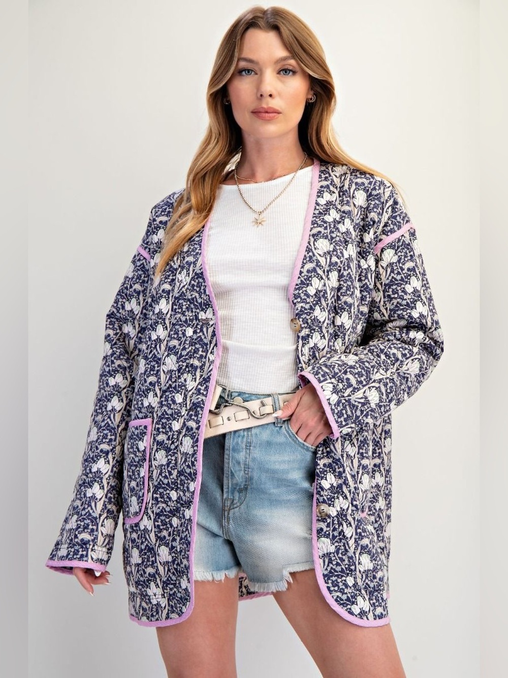 Easel Blueberry Cotton Print Quilted Jacket - Picture 2 of 4